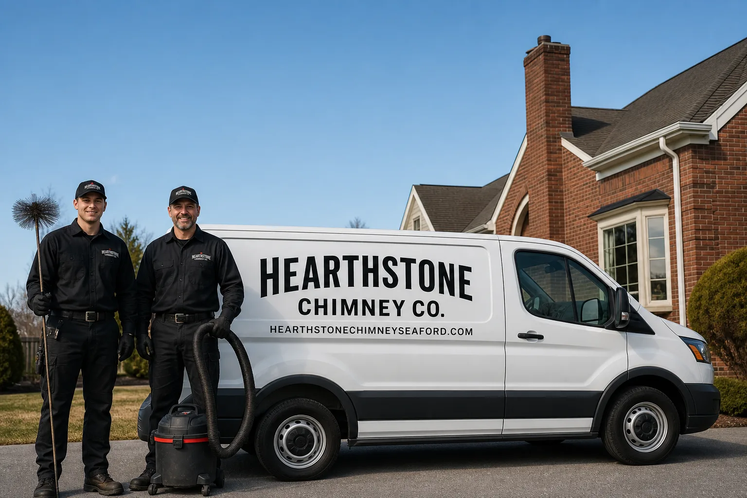 Hearthstone Chimney Co. chimney cleaning service vehicle and crew in Seaford, NY